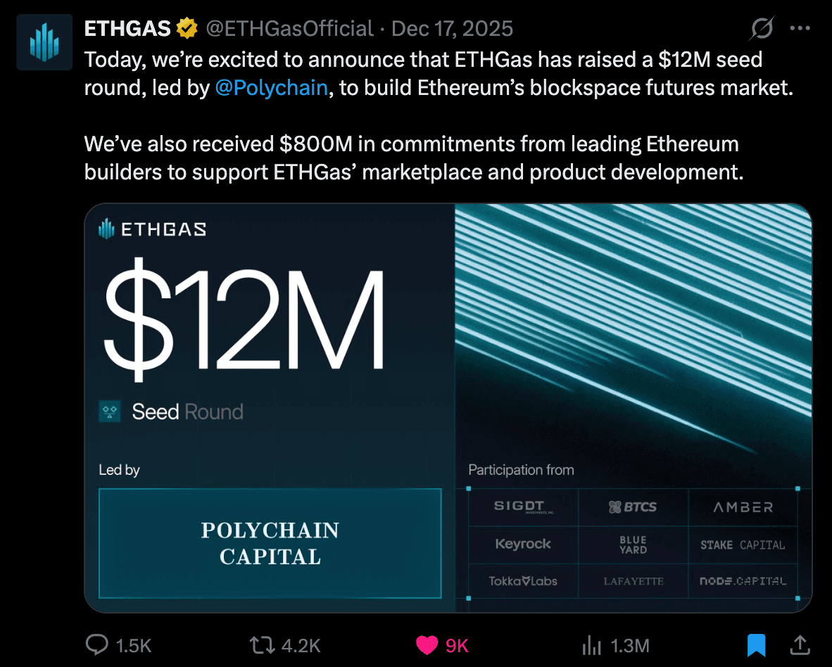ETHGas seed round announcement distributed as earned media