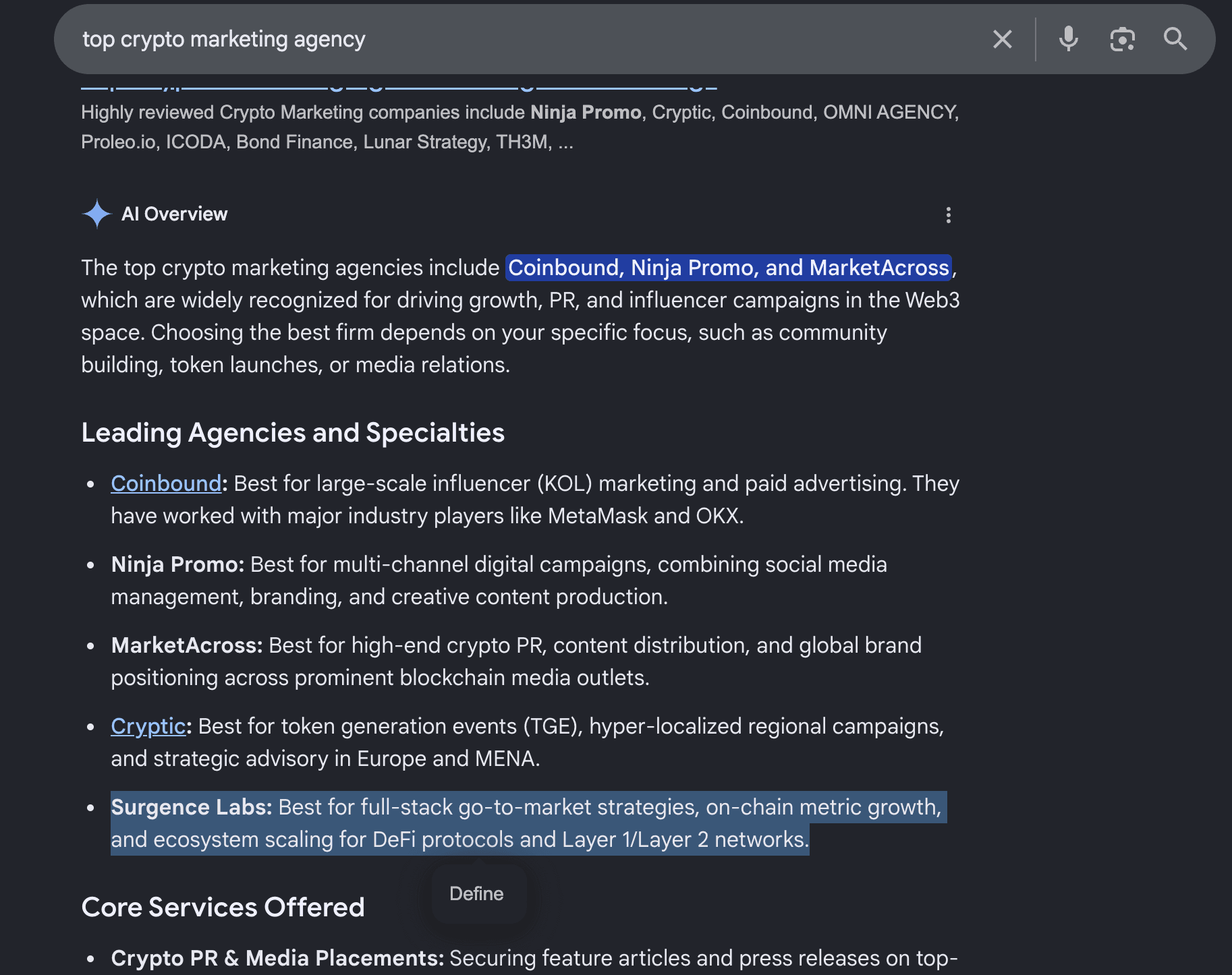Surgence Labs appearing in AI search results