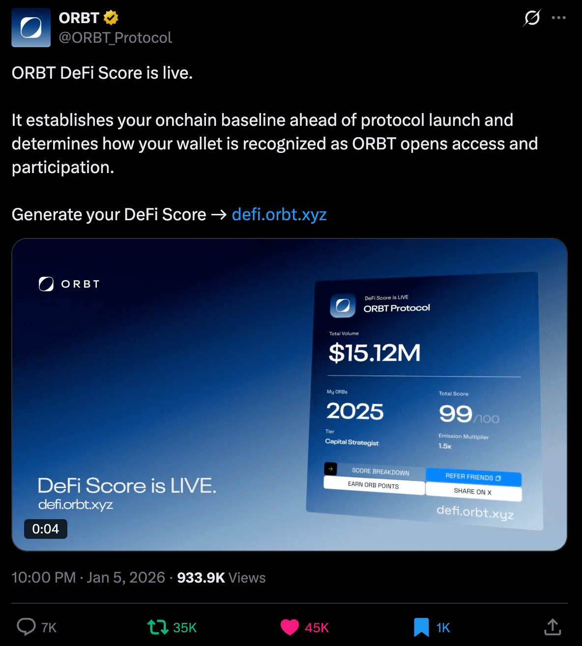 ORBT DeFi Score share loop distributed on X